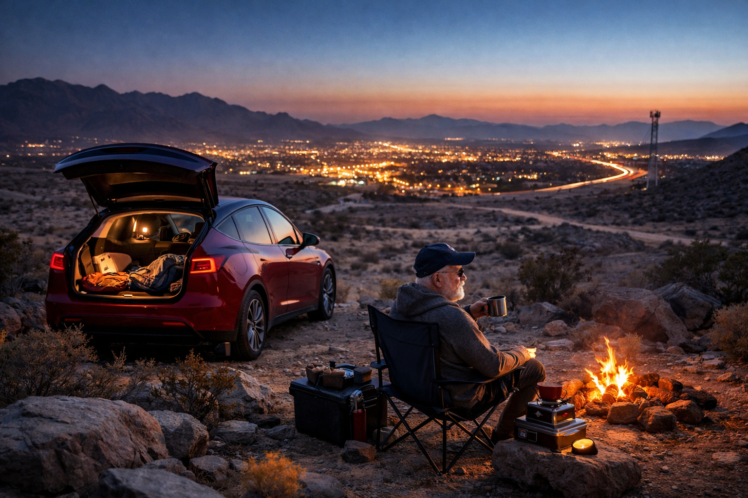 Camping by a car overlooking city lights