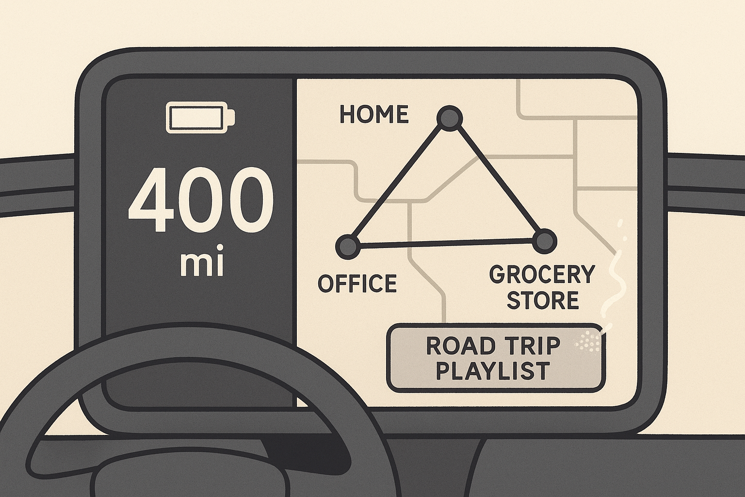 EV dashboard showing 400mi range for daily routine