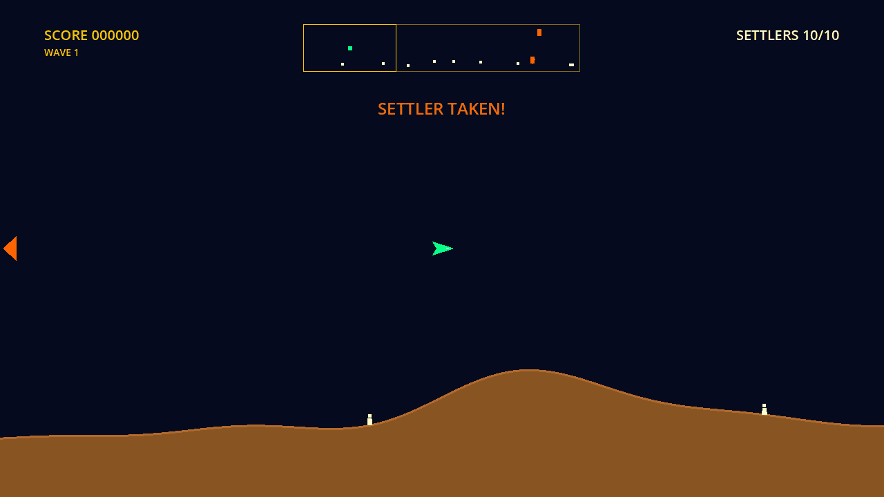 FYTR9 gameplay screenshot: a Snatcher carrying a Settler upward while the player ship closes in, with the ring scanner across the top of the screen